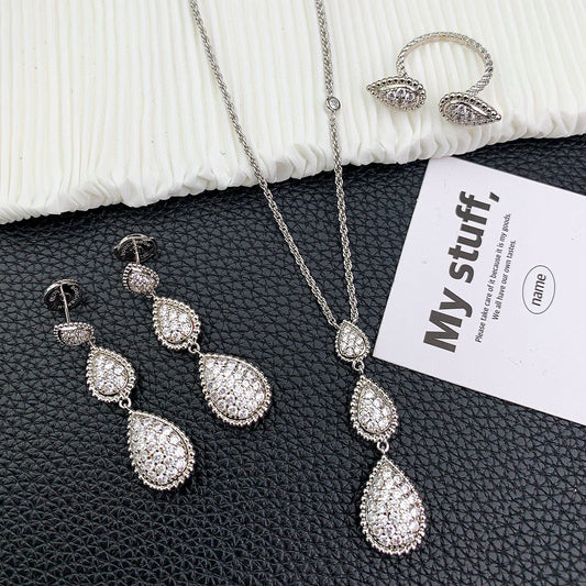 Silver-Toned Jewelry Set with Crystals (Necklace, Earrings, and Ring)